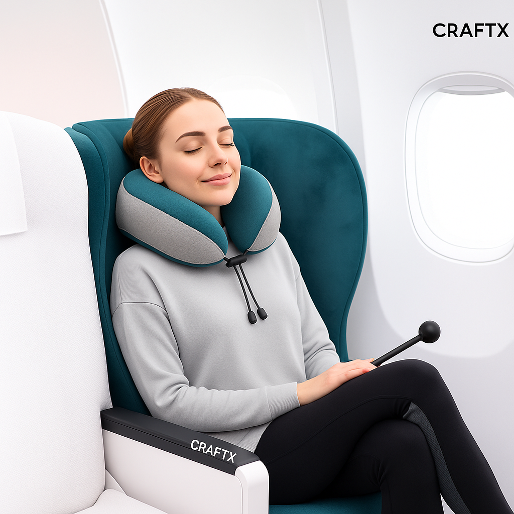 CraftX Memory Foam Travel Neck Pillow, Ergonomic Support, Adjustable, Washable Cover, Grey-Teal (Grey-Teal)