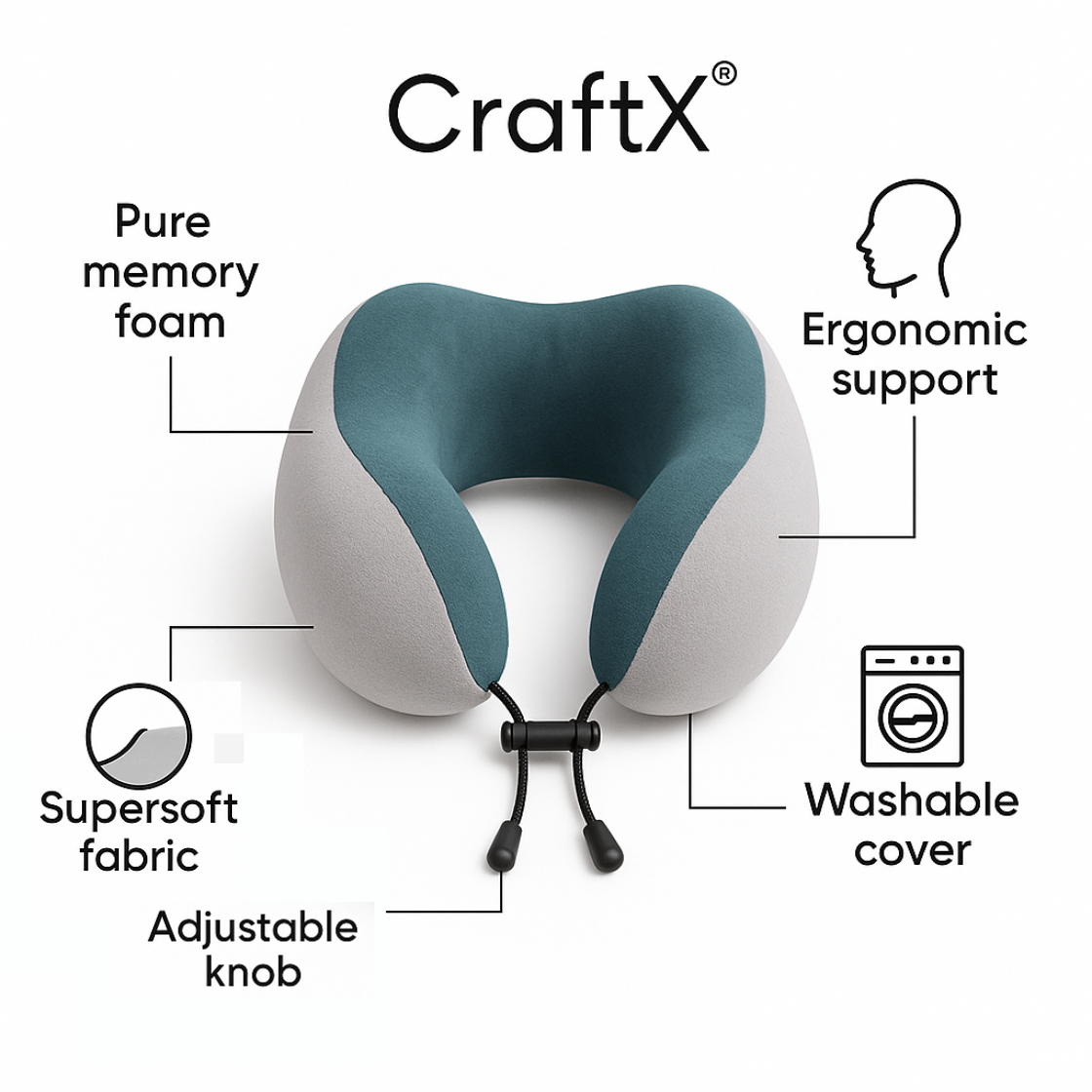 CraftX Memory Foam Travel Neck Pillow, Ergonomic Support, Adjustable, Washable Cover, Grey-Teal (Grey-Teal)