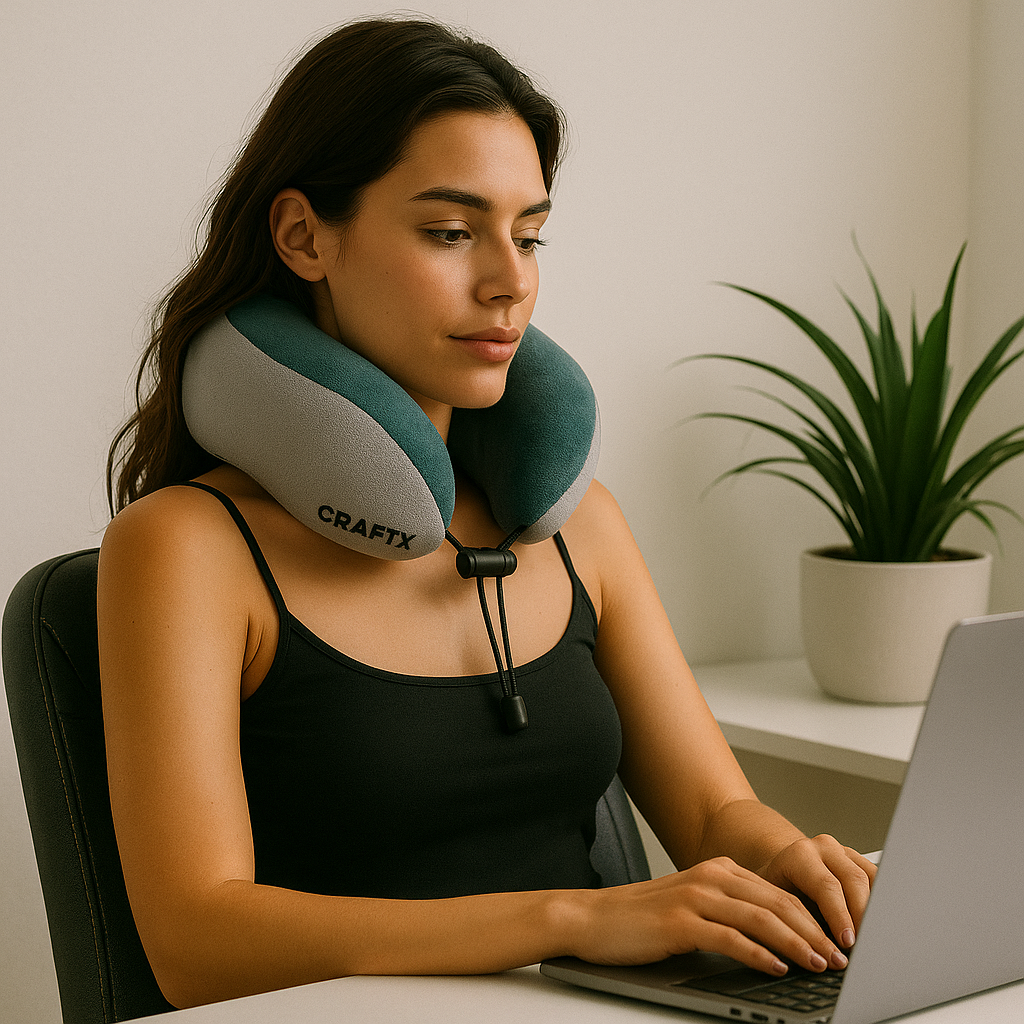 CraftX Memory Foam Travel Neck Pillow, Ergonomic Support, Adjustable, Washable Cover, Grey-Teal (Grey-Teal)