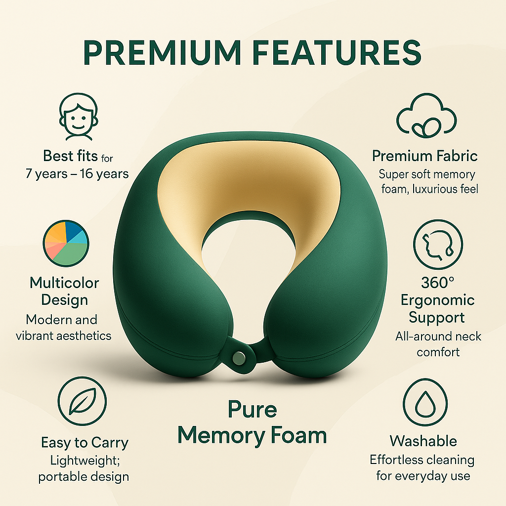 Prokids Travel Pillow – Memory Foam Neck Support for Kids | Ergonomic Comfort for Flights, Road Trips & Long Journeys