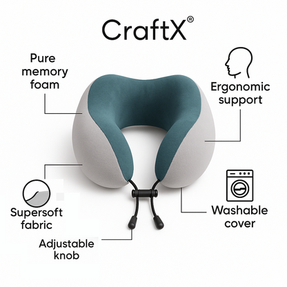 CraftX Memory Foam Travel Neck Pillow, Ergonomic Support, Adjustable, Washable Cover, Grey-Teal (Grey-Teal)