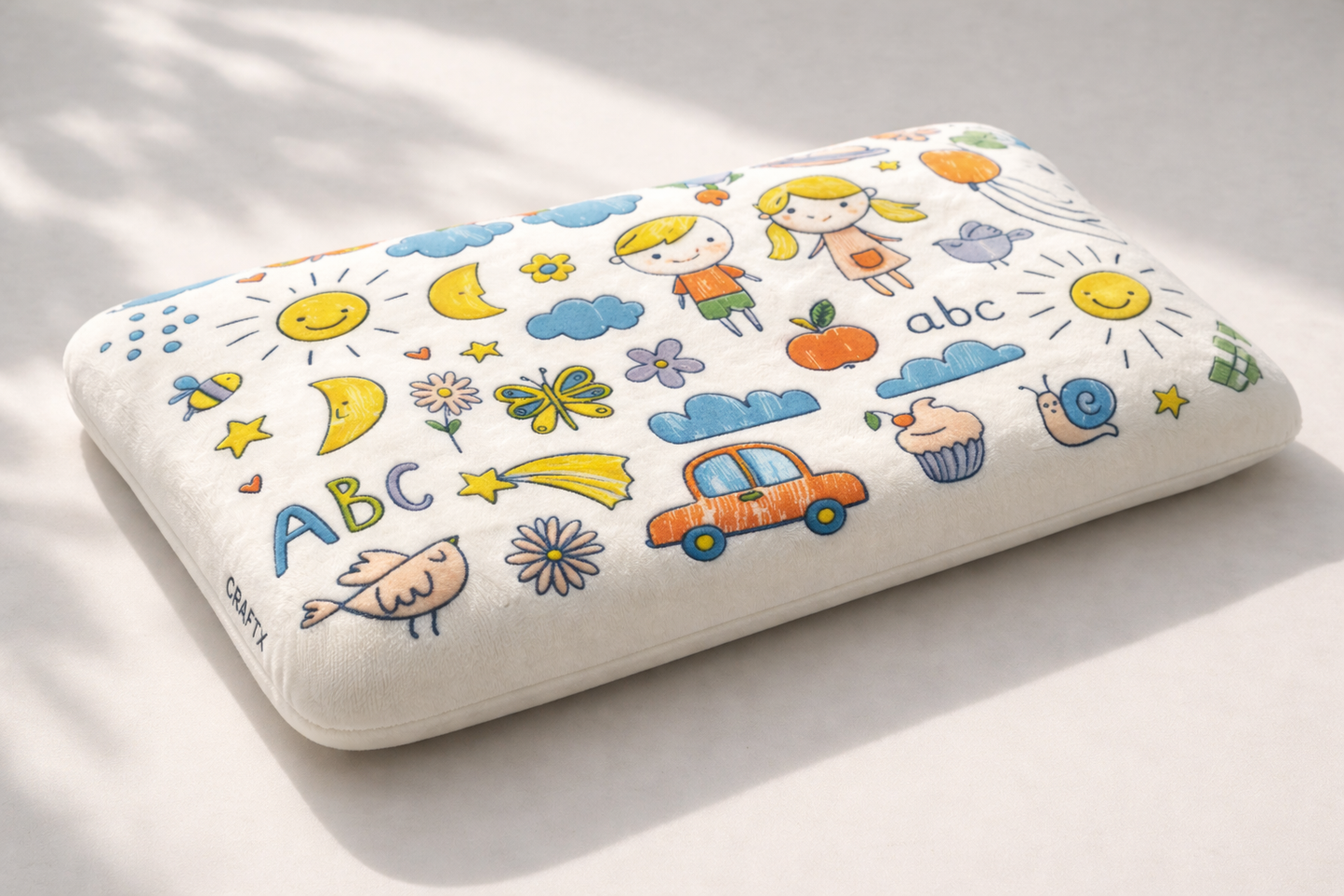 Craftx Kids Memory Foam Pillow for Ages 2–8 Years | Ergonomic Neck Support | Helps Prevent Flat Head | Ultra Soft Velvet Cover | Washable White Cover