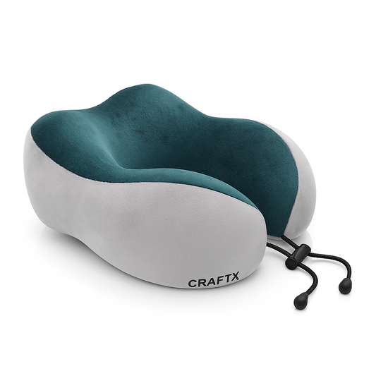 CraftX Memory Foam Travel Neck Pillow, Ergonomic Support, Adjustable, Washable Cover, Grey-Teal (Grey-Teal)