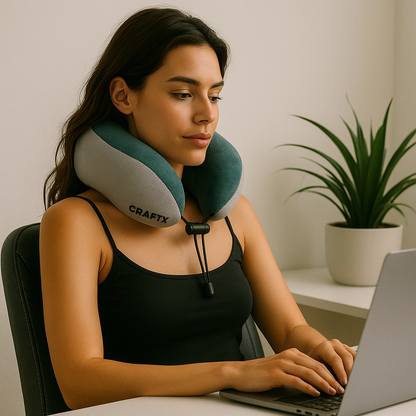 CraftX Memory Foam Travel Neck Pillow, Ergonomic Support, Adjustable, Washable Cover, Grey-Teal (Grey-Teal)
