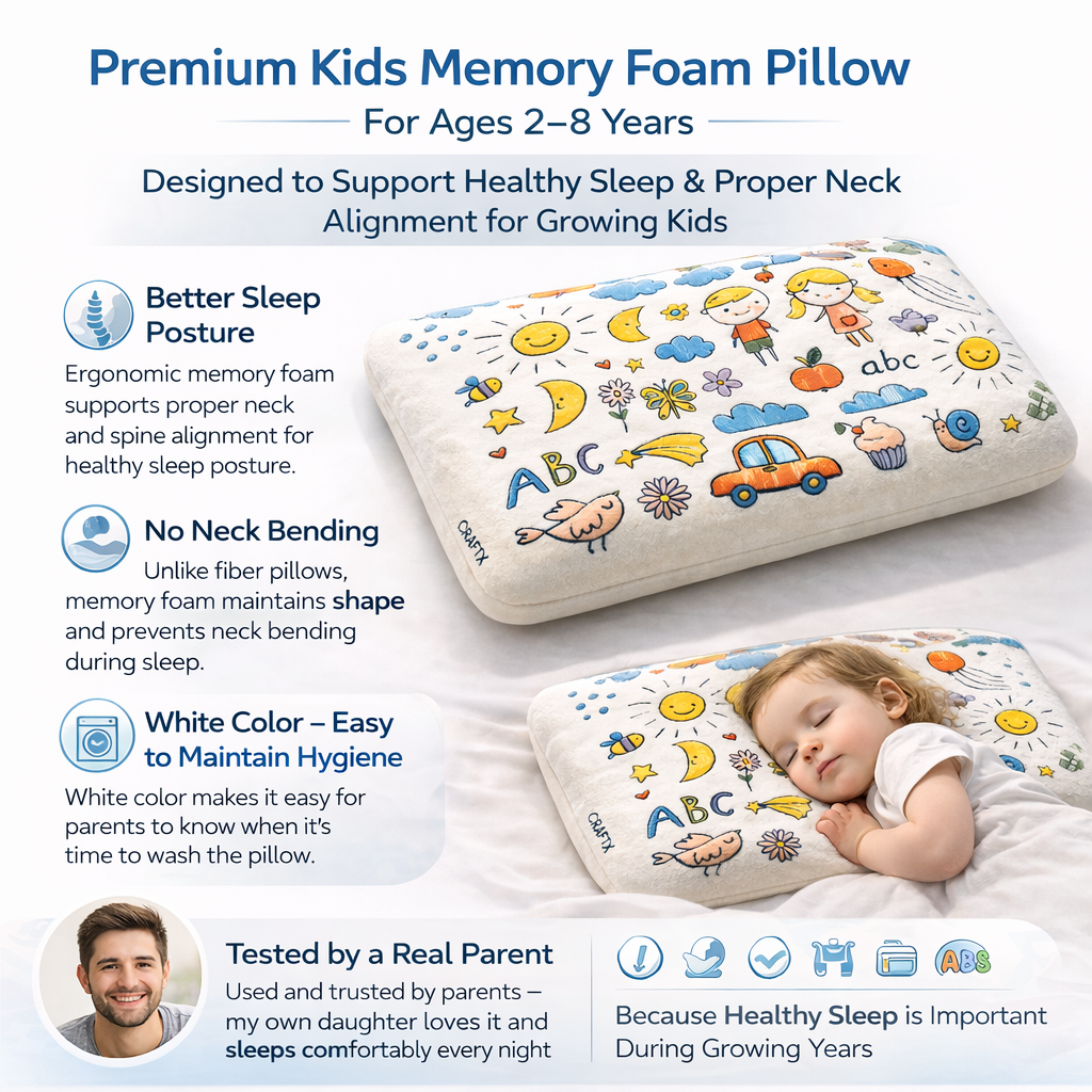 Craftx Kids Memory Foam Pillow for Ages 2–8 Years | Ergonomic Neck Support | Helps Prevent Flat Head | Ultra Soft Velvet Cover | Washable White Cover