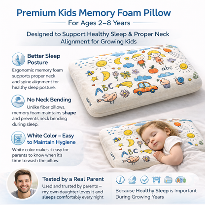 Craftx Kids Memory Foam Pillow for Ages 2–8 Years | Ergonomic Neck Support | Helps Prevent Flat Head | Ultra Soft Velvet Cover | Washable White Cover