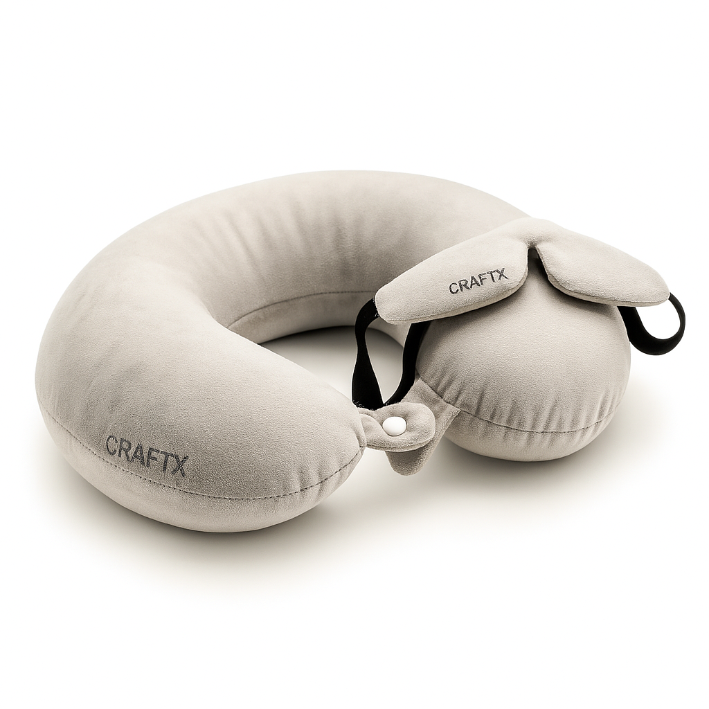 CRAFTX Premium Microfiber Travel Pillow &amp; Eye Mask Set – Ultimate Neck Support for Airplane, Car &amp; Train