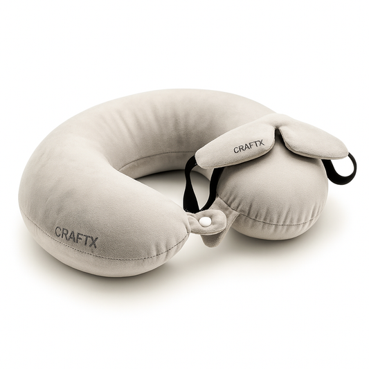 CRAFTX Premium Microfiber Travel Pillow &amp; Eye Mask Set – Ultimate Neck Support for Airplane, Car &amp; Train