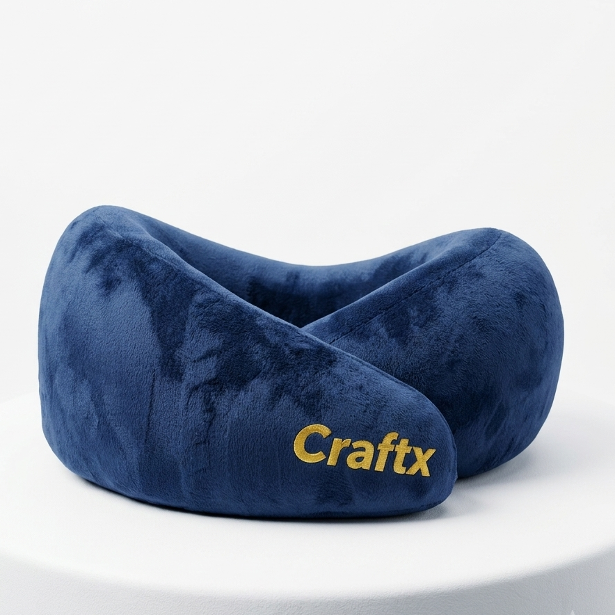 Craftx premium memory foam travel neck pillow used by a passenger in a luxury airplane cabin