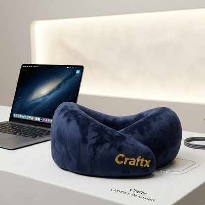 Craftx premium memory foam travel neck pillow used by a passenger in a luxury airplane cabin