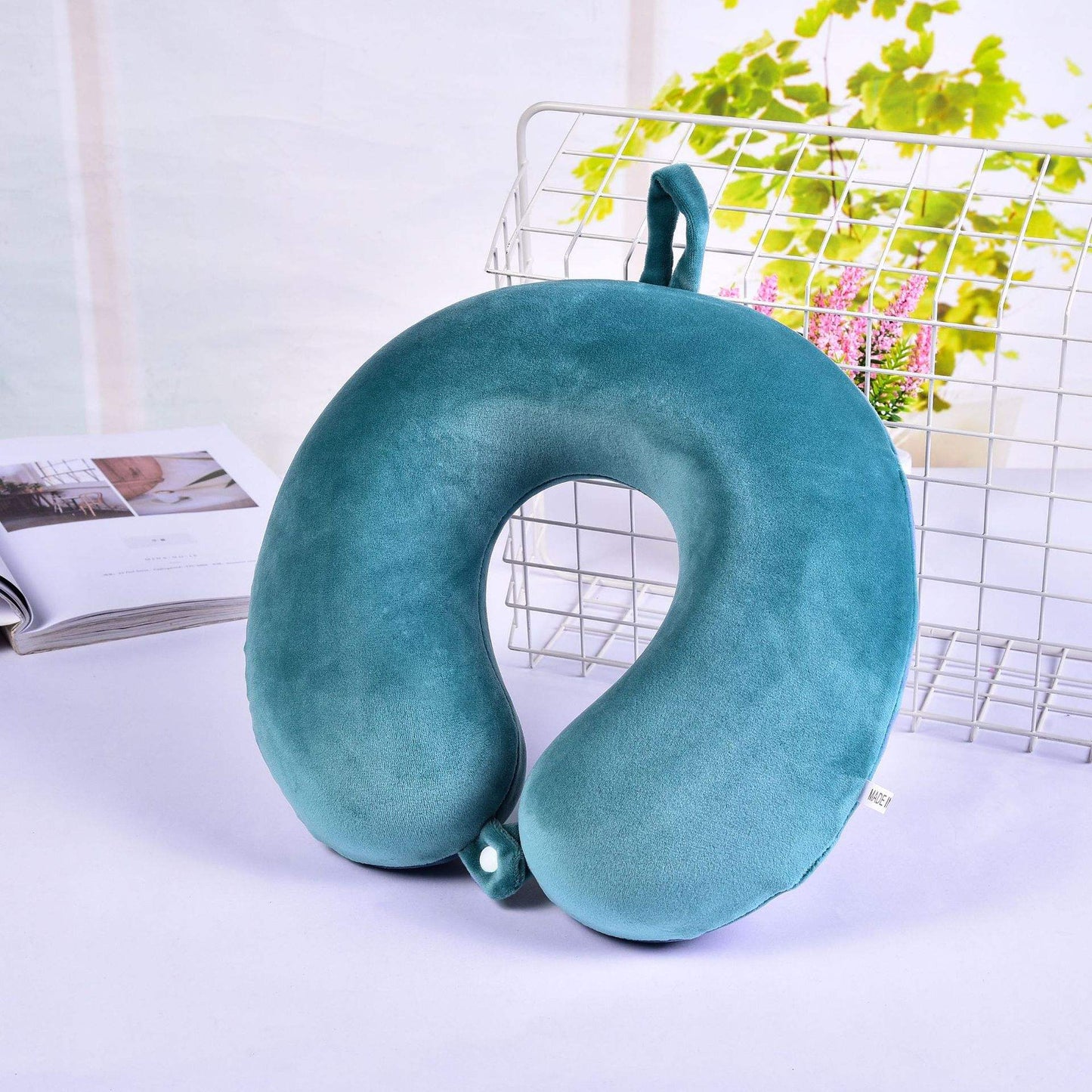 Travel Neck Pillow Memory Foam - U-Shape Cervical Support for Car, Plane & Train | Soft Teal Green