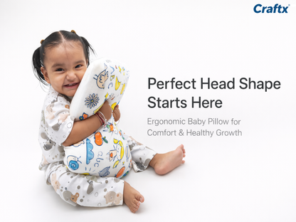 Craftx Kids Memory Foam Pillow for Ages 2–8 Years | Ergonomic Neck Support | Helps Prevent Flat Head | Ultra Soft Velvet Cover | Washable White Cover