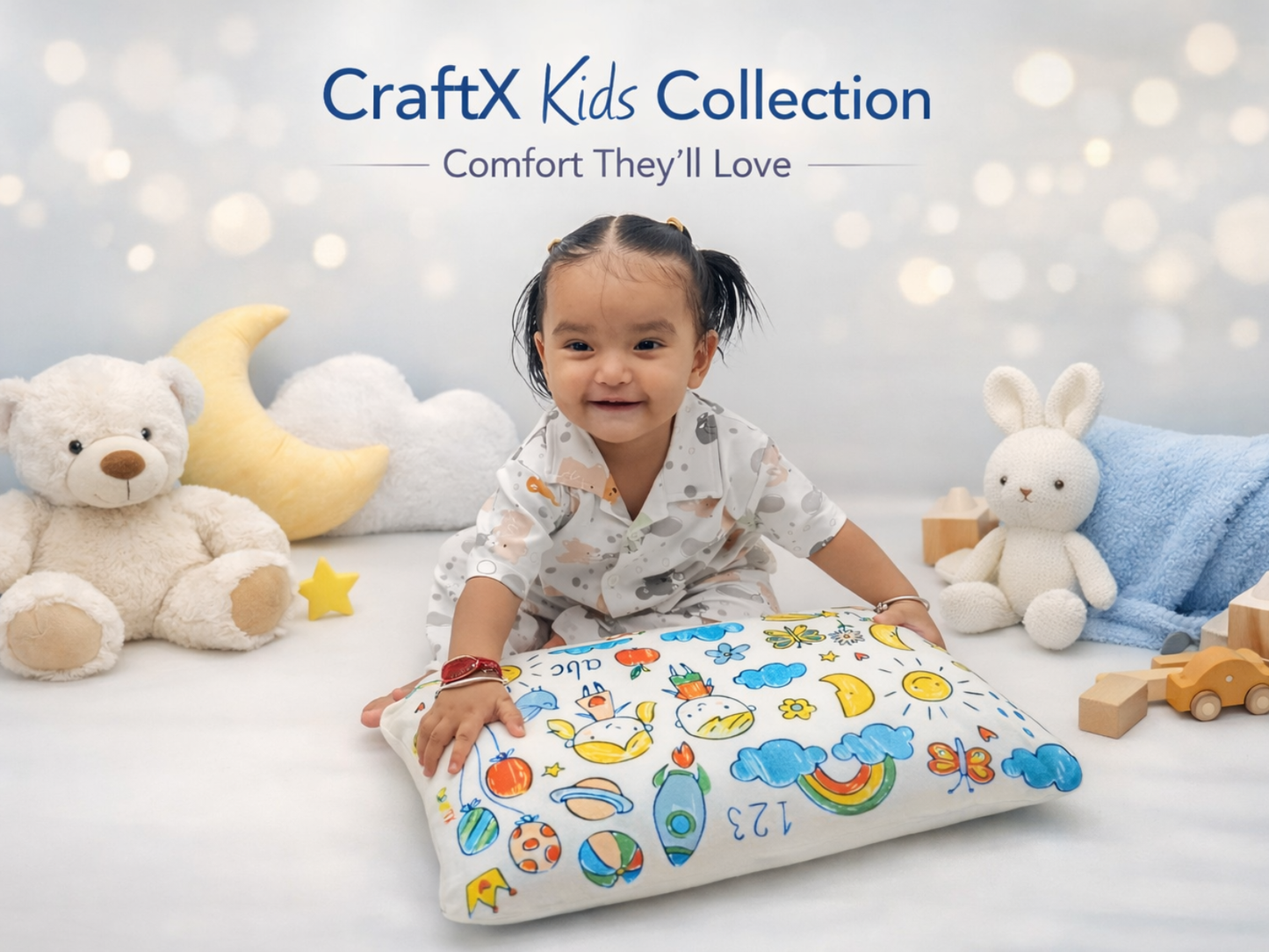 Craftx Kids Memory Foam Pillow for Ages 2–8 Years | Ergonomic Neck Support | Helps Prevent Flat Head | Ultra Soft Velvet Cover | Washable White Cover