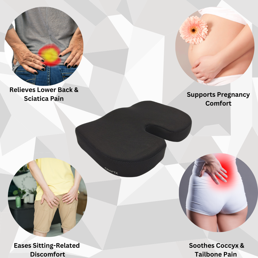 Craftx Coccyx Cushion - Memory Foam Support for Tailbone Pain Relief & Spinal Alignment