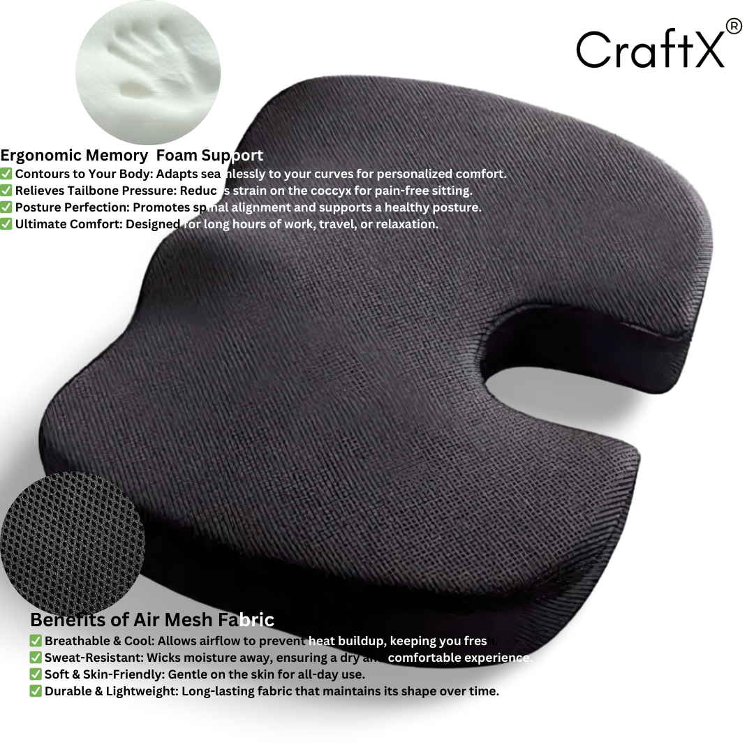 Craftx Coccyx Cushion - Memory Foam Support for Tailbone Pain Relief & Spinal Alignment