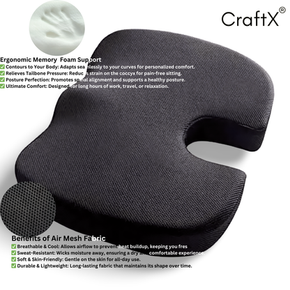 Craftx Coccyx Cushion - Memory Foam Support for Tailbone Pain Relief & Spinal Alignment