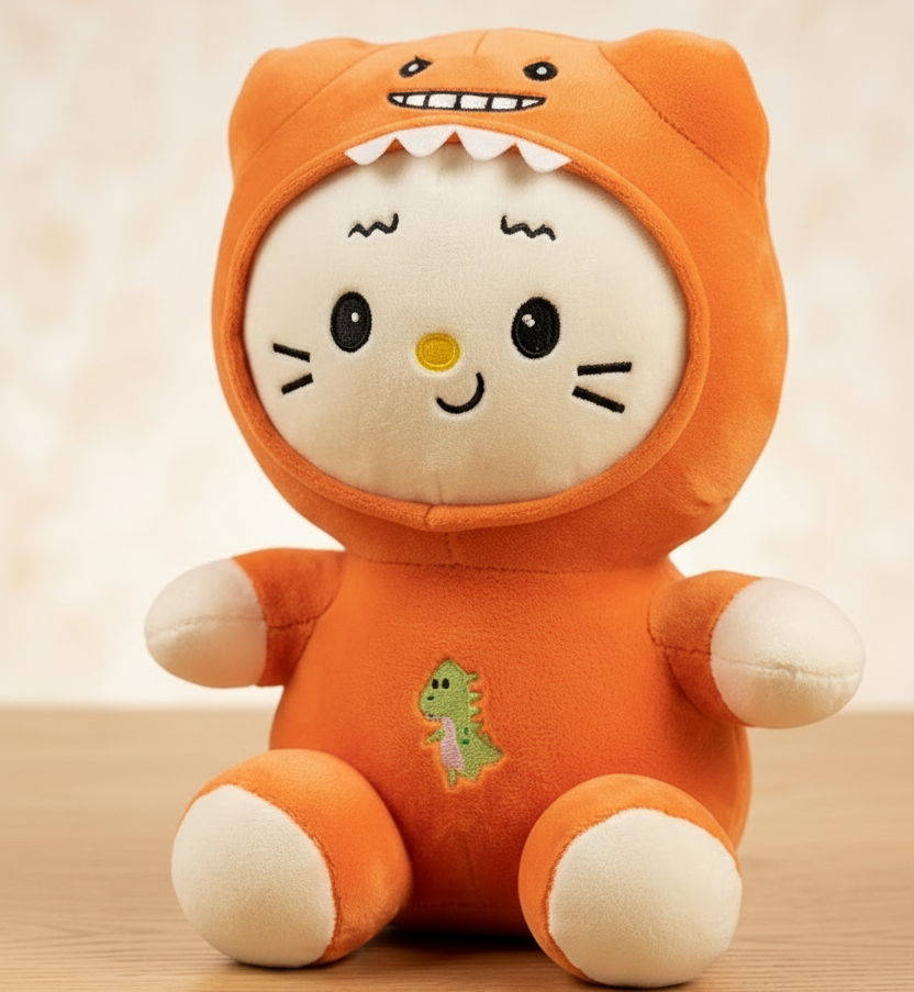 Cuddly Orange Cat Plush Toy with Dinosaur Detail
