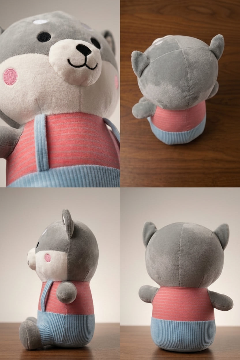 Adorable Shiba Inu Dog Soft Toy in Striped Suspender Outfit – Premium Cuddly Plush Toy for Kids & Gifting