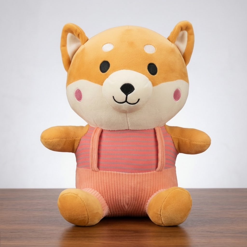 Adorable Shiba Inu Dog Soft Toy in Striped Suspender Outfit – Premium Cuddly Plush Toy for Kids & Gifting