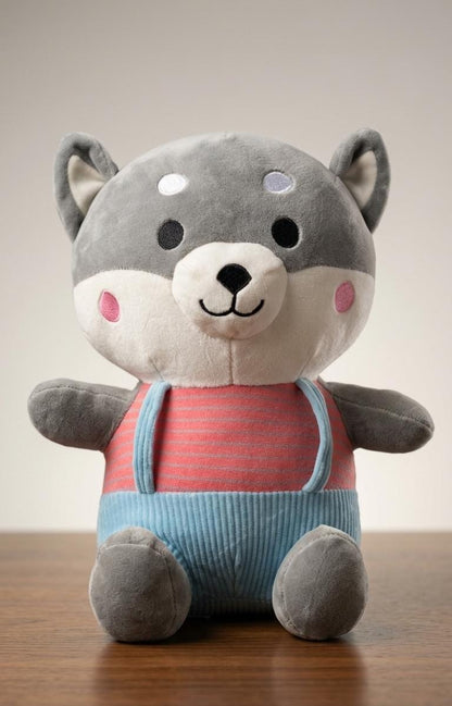 Adorable Shiba Inu Dog Soft Toy in Striped Suspender Outfit – Premium Cuddly Plush Toy for Kids & Gifting