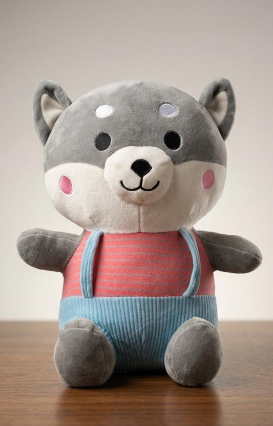 Adorable Shiba Inu Dog Soft Toy in Striped Suspender Outfit – Premium Cuddly Plush Toy for Kids & Gifting