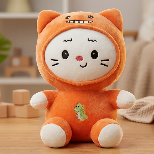 Cuddly Orange Cat Plush Toy with Dinosaur Detail